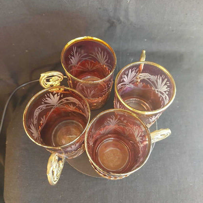 Four 1930s Cut Glass Drinking Glasses w. Hammered Copper Holders