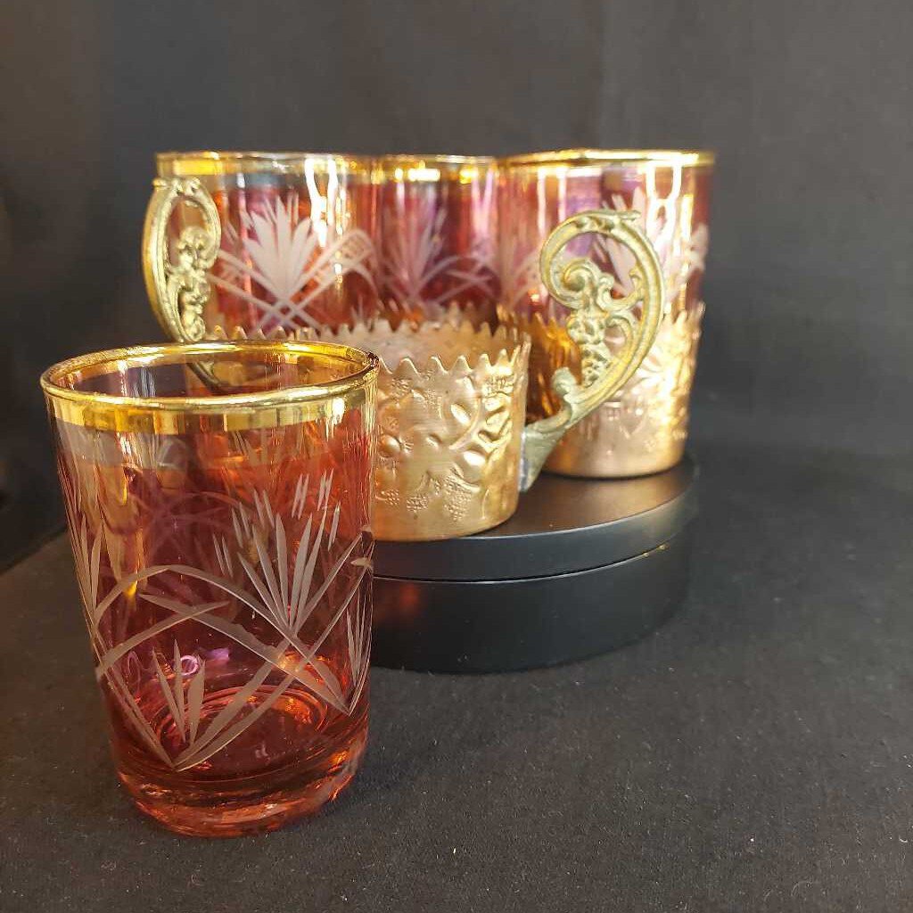 Four 1930s Cut Glass Drinking Glasses w. Hammered Copper Holders