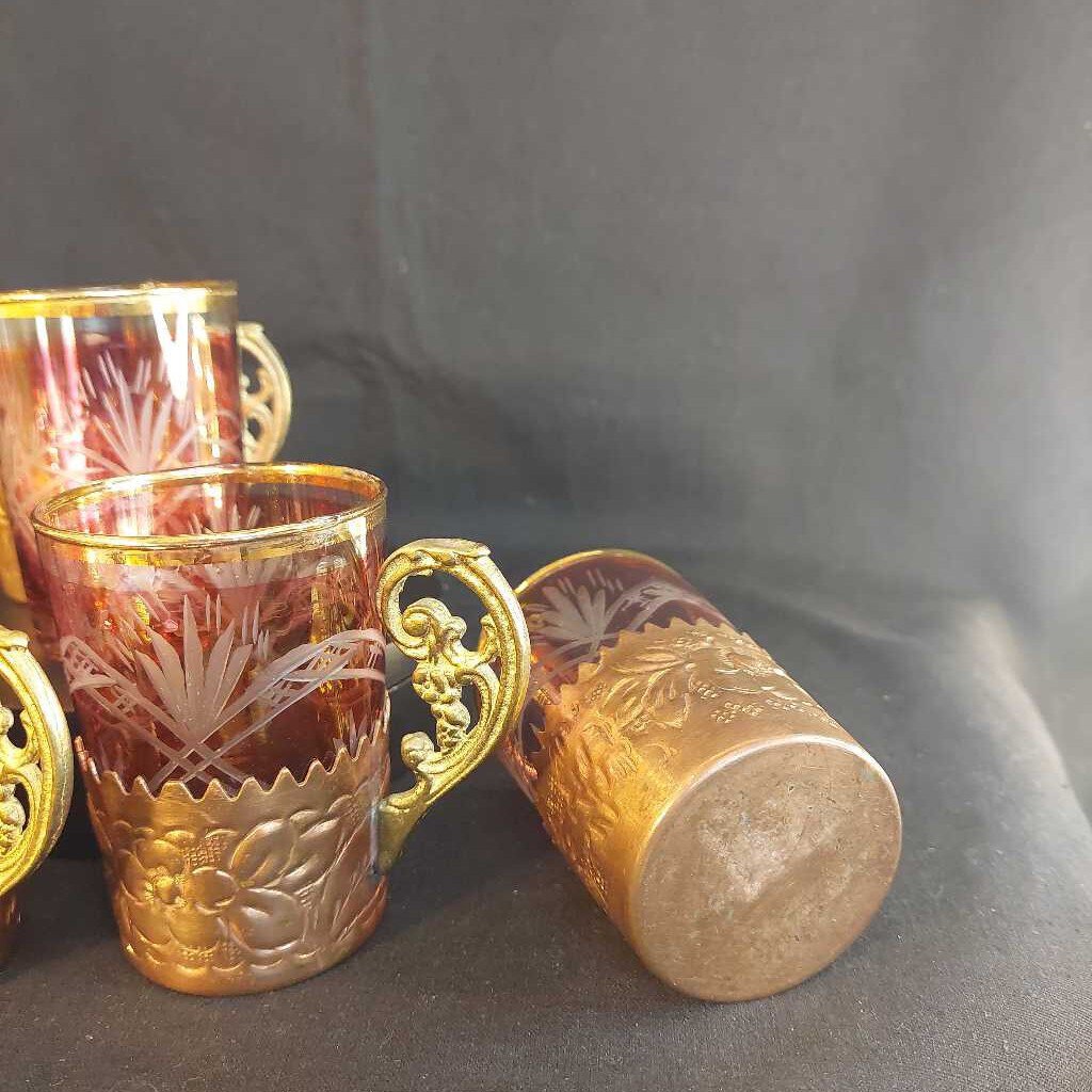 Four 1930s Cut Glass Drinking Glasses w. Hammered Copper Holders