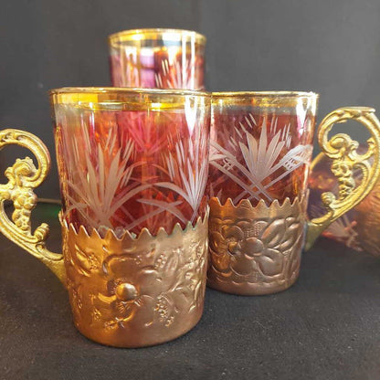 Four 1930s Cut Glass Drinking Glasses w. Hammered Copper Holders