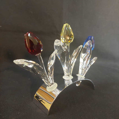 SWAROVSKI 3 Crystal Tulips on a Chrome Stand Signed w. Swan