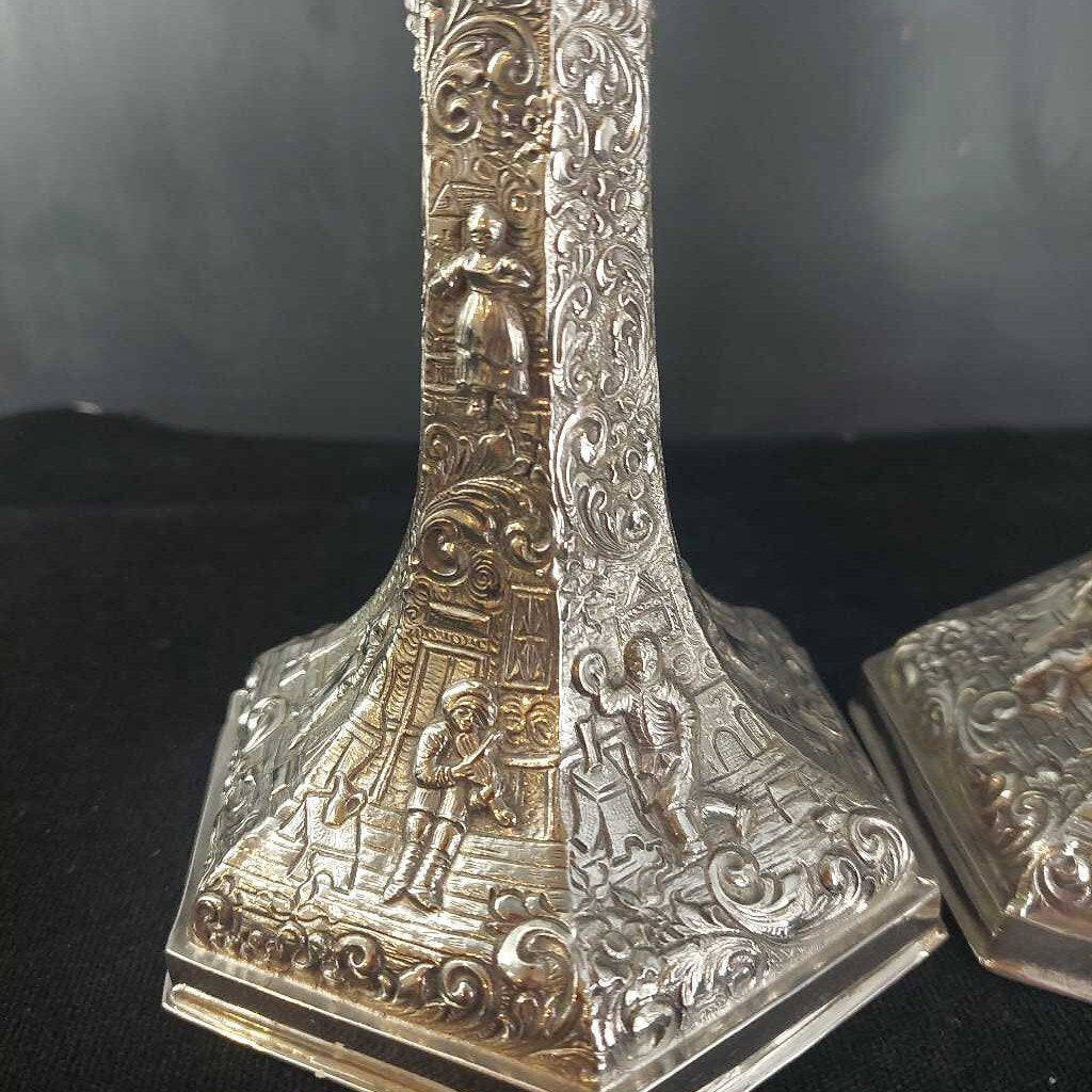 Two 1921-1930 Sil. Plated Dutch Village Scene CANDLESTICKS by Barbour Silver