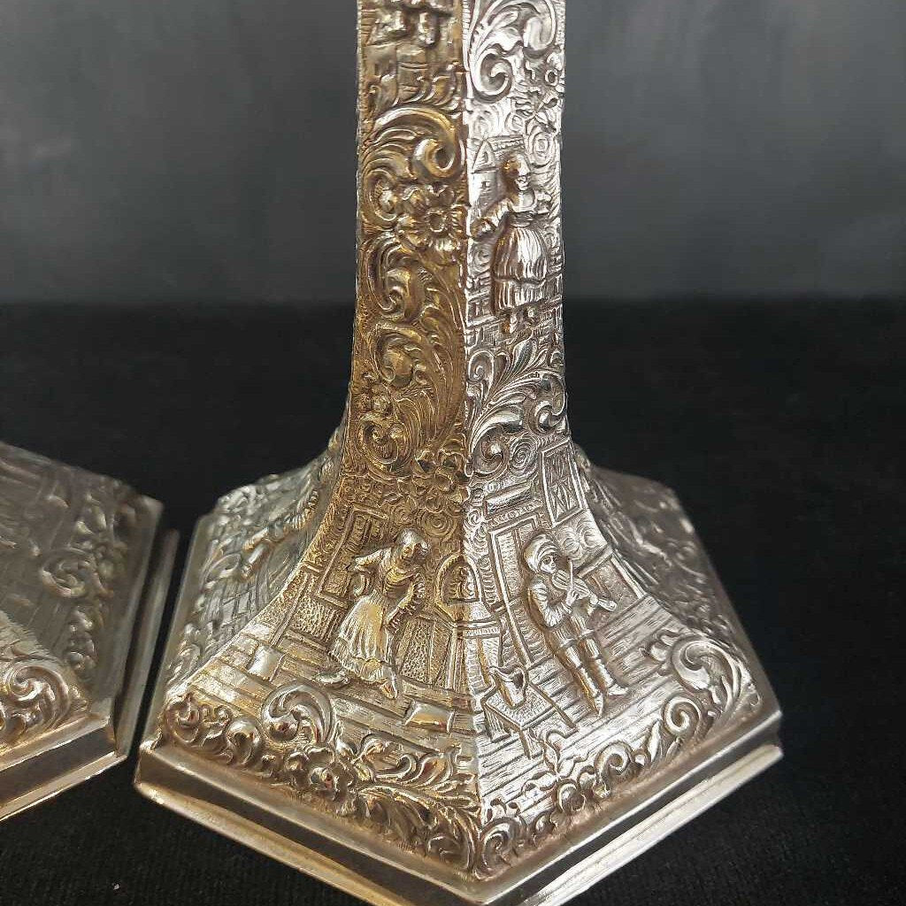 Two 1921-1930 Sil. Plated Dutch Village Scene CANDLESTICKS by Barbour Silver