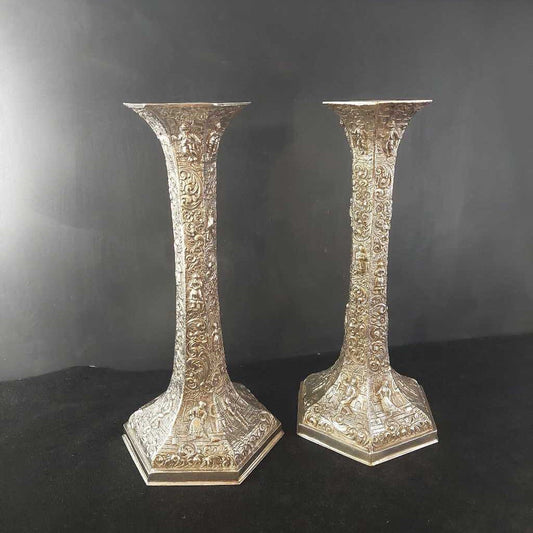 Two 1921-1930 Sil. Plated Dutch Village Scene CANDLESTICKS by Barbour Silver