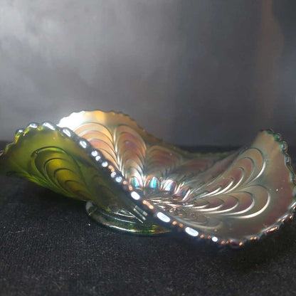 PEACOCK TAIL Green Carnival Glass Folded Dish by FENTON Glass, WV