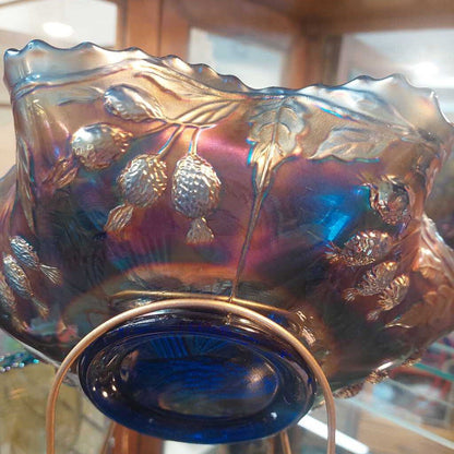 1910 Rare Fenton PEACOCK & URN 6 Ruffle Bowl w. Bearded Berry Back Carnival Glass