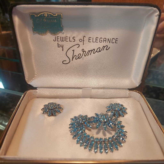1950 Sherman Blue Caribbean Sea Brooch and Clip On Earring Set in Original Box