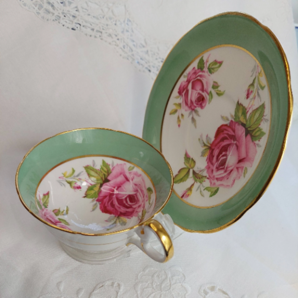 RARE AYNSLEY Double Cabbage Rose C1259 Tea Cup and Saucer